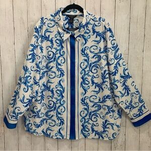 Investments Woman 3X Linen Blend Button Up Top Tunic Shirt Blue White NWT